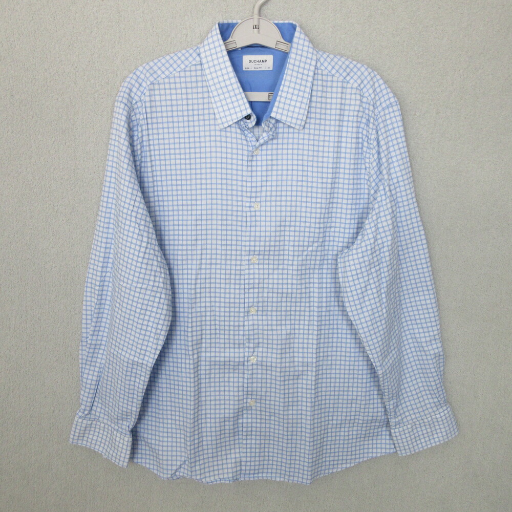 DUCHAMP Mens XXL‎ Slim Fit Button-Up Shirt Light Blue Check Long Sleeve Dressy